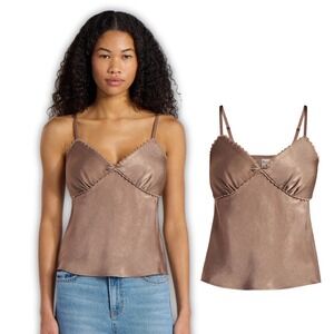 Y2K Mocha Brown Satin Lace Trim Babydoll Cami Coquette Whimsigoth Top XL NWT